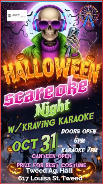 Image of skeleton DJ wearing ear phones, green jacket, purple sweater, full moon behind their head, tweed ag society logo of ferris wheel in corner, jack o lanterns and silhouettes of people dancing in background on bottom, event details in foreground in centre