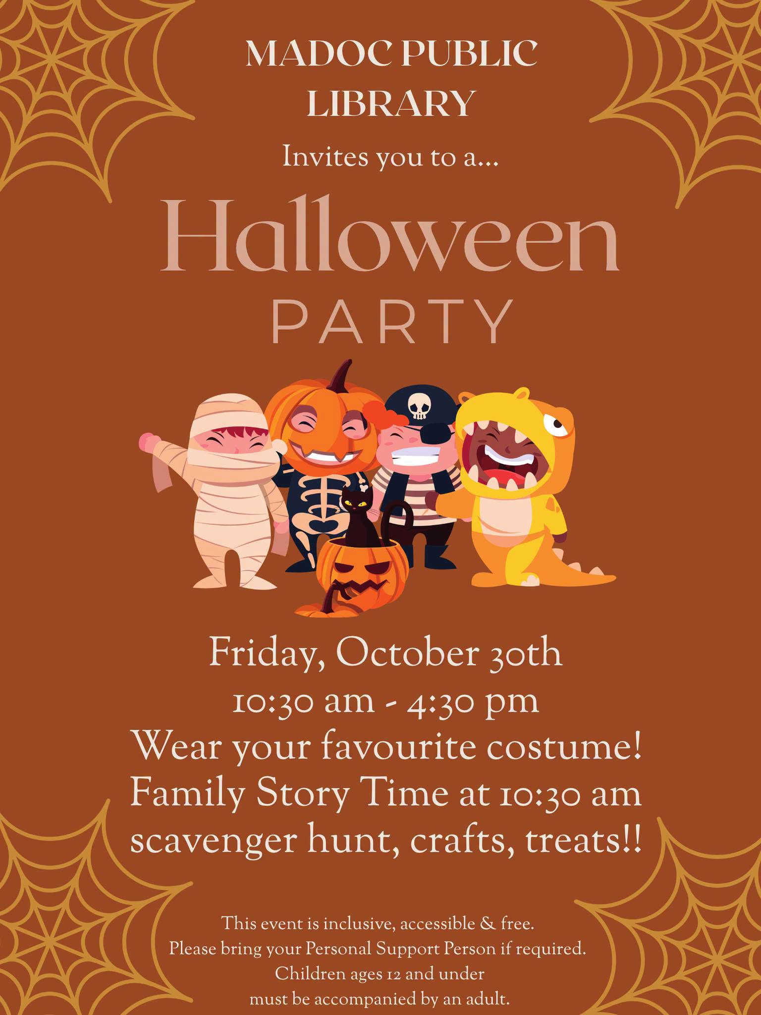 Brown background, cob webs in corners of page, four cartoon children dressed in costumes, mummy, skeleton, pirate, dinosaur, jack o lantern, event details in beige text