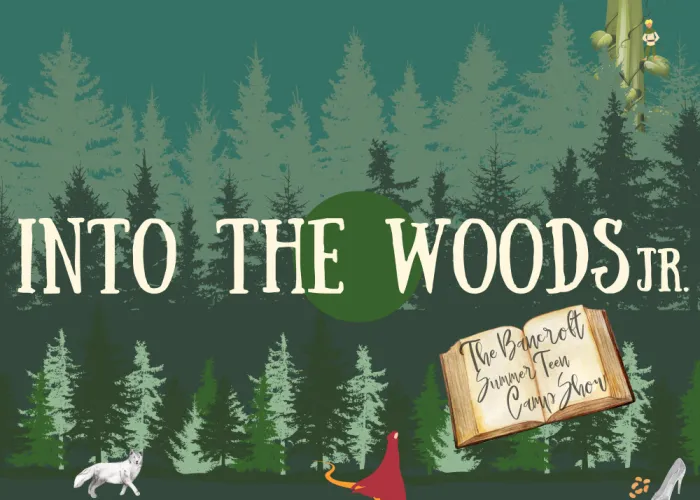 Into the Woods Jr. Poster, Tweed and Co. Drawing of a white wolf and a girl with red cloak. Book open with writing on it and green trees in background.