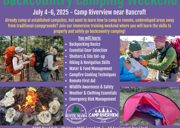 Event image with details of weekend backcountry camping inclusions