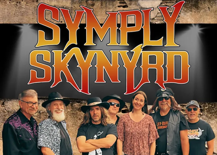 Symply Skynard Tweed and Co. Poster. Group of people standing in a row in front of black and beige rustic background.