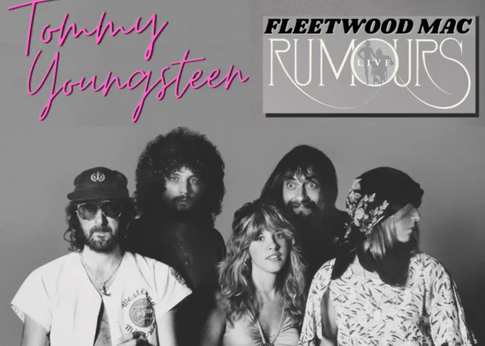 Tommy Youngsteen Fleetwood Mac Rumours Tweed and Co. Poster. Group of people standing in a row, in black and white photo. 