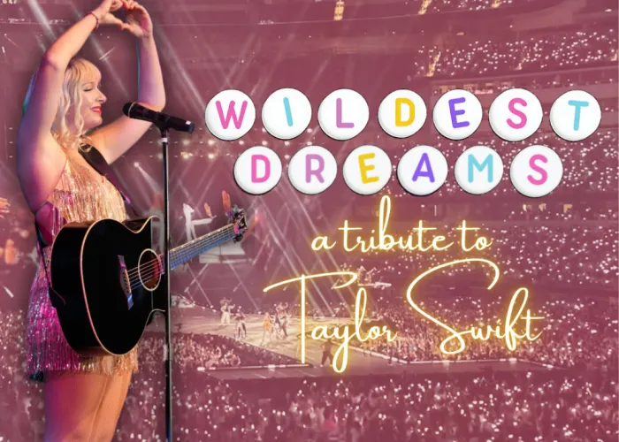 Wildest Dreams Taylor Swift Poster Tweed and Co. Taylor Swift Tribute Artist making heart symbol with their hands, standing in front of large crowd 