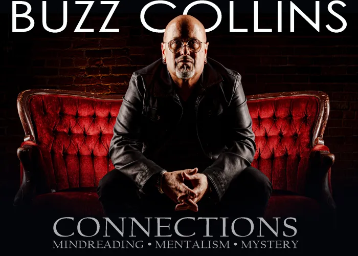 Buzz Collins: Buzz Connections event poster, a man sitting on a red chair with a black background. Text says Mindreading, Mentalism, Mystery.