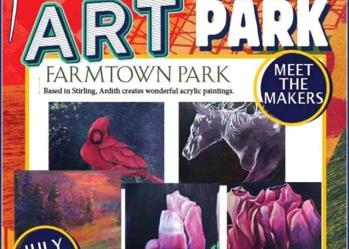 Art in the park event poster with images of acrylic paintings