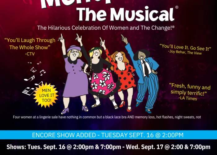 Menopause the Musical poster, cartoon people with fingers pointing in the air on a red background.