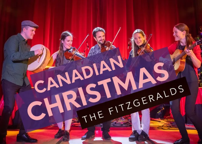 The Fitzgeralds Canadian Christmas Poster. A group of musicians stand on a stage with a red curtain behind them.