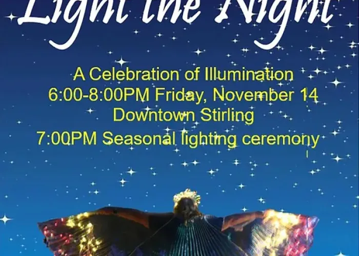 Stirling Light the Night Poster. A person stands against a blue background with a colourful butterfly cape that is lit up.