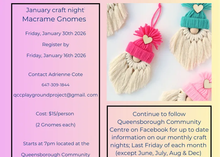 Poster for Queensborough Community Centre Monthly Craft Night Fundraiser