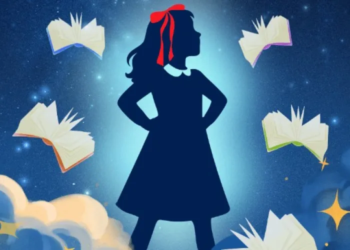 Little girl with hands on hips surrounded by books standing under musical title