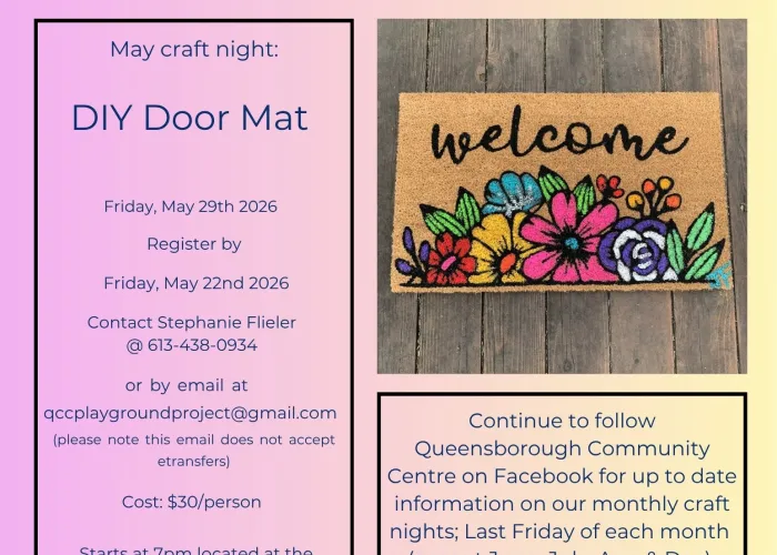 Event title and details, purple background fading to white picture of welcome matt with flowers