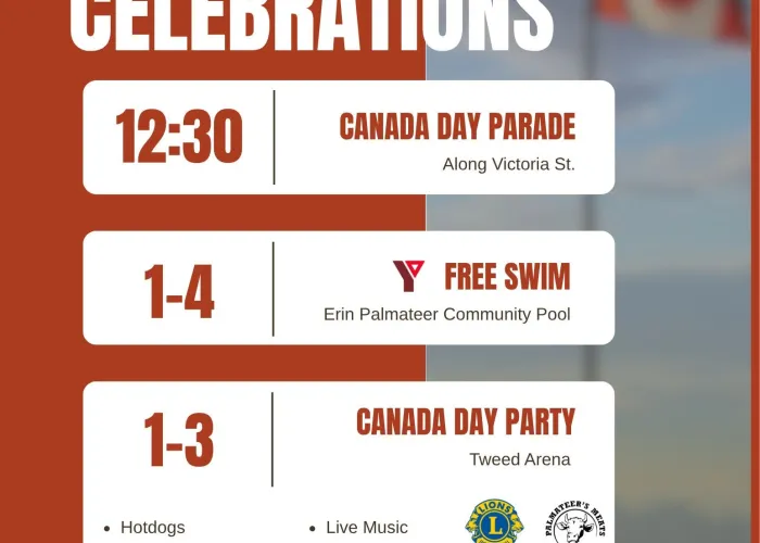 Soft focus Canada Flag on flag pole in background, event details in foreground with sponsor logos