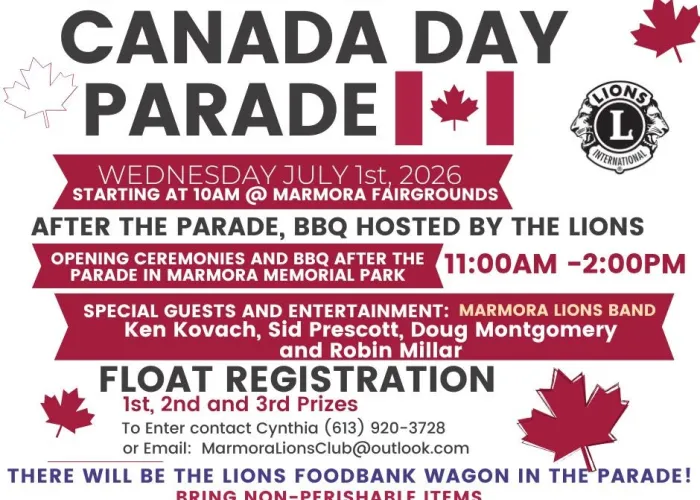 White Background, black and red writing describing event, maple leaves and canadian flag