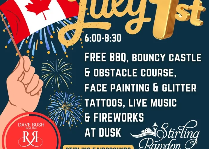 Hand holding Canada Flag, fireworks in background, event details