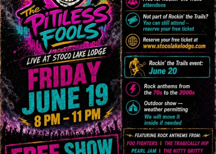 Cartoon smiling face with 'x's' for eyes, dark background, stage lights, hands raised at bottom of page, event details