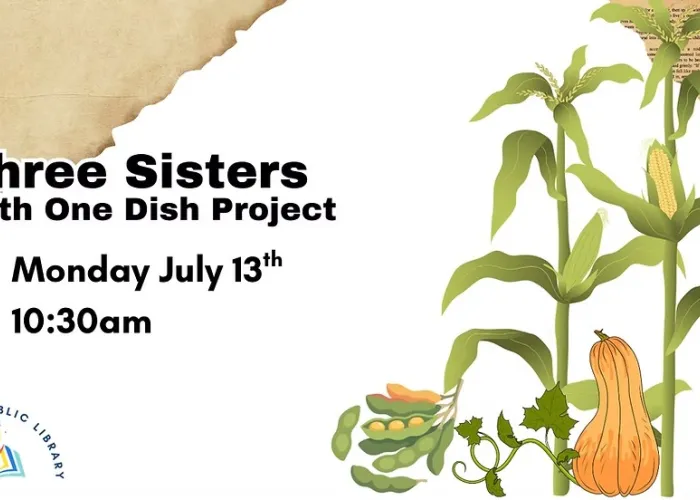 Cartoon image of peas in pods, squash, corn on cob stalks, DPL logo