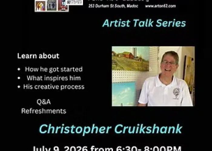 Gallery name, event details, photo of artist and some of their works