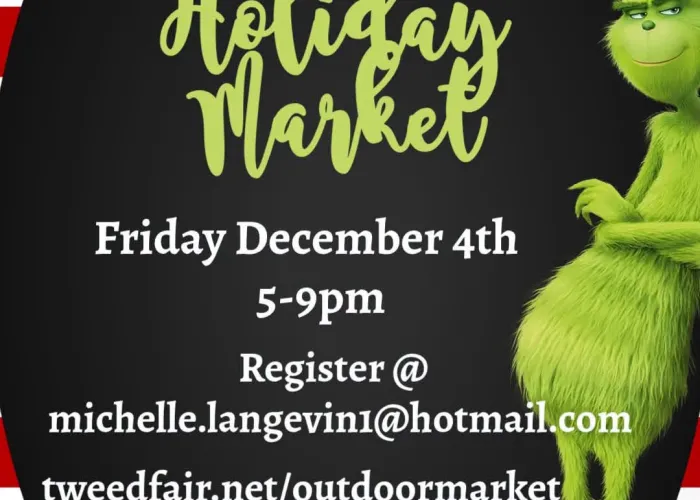 Red and white striped background, black oval in centre, garland on top and bottom of page, grinch leaning against right sight, event details in centre