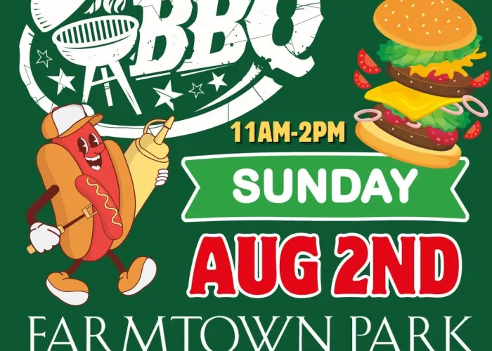 Dark green background, cartoon hotdog wearing baseball cap, holding hotdog on a stick and mustard, cartoon burgers, event details in white writing