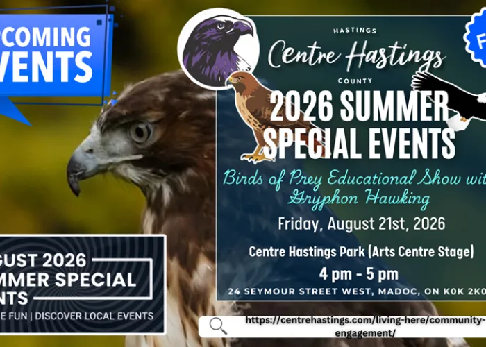 Photo of hawk in background, in foreground, cartoon images of three birds, and event details