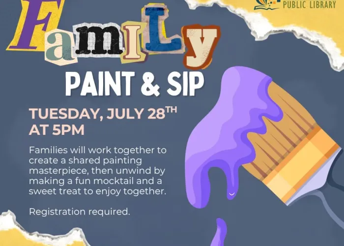 Cartoon graphic of paint brush with purple paint dripping off it, event and venue details