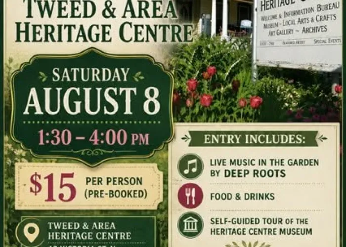 White building of the Tweed & Area Heritage Centre in Background, garden, event details in pink and green writing