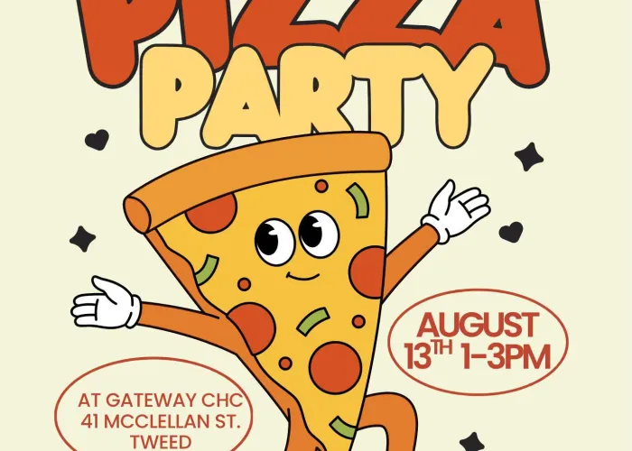 Cartoon pizza slice dancing, beige background, event details