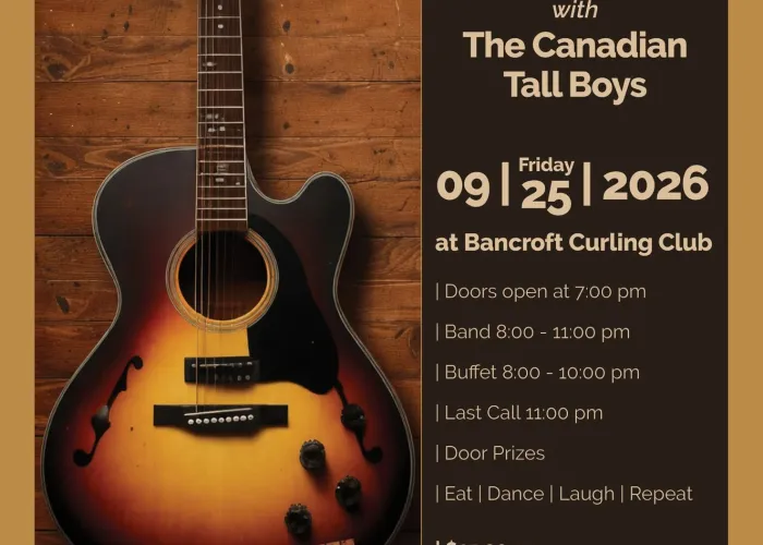 Photo of guitar on left, small photo of band over bottom of guitar, on right, black background and event schedule written over top