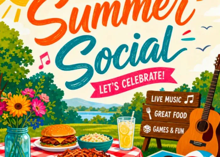 Cartoon outdoor scene, table with food, flowers, drink in foreground, guitar, cornhole, beach ball in foreground, lawn, trees, lake in background