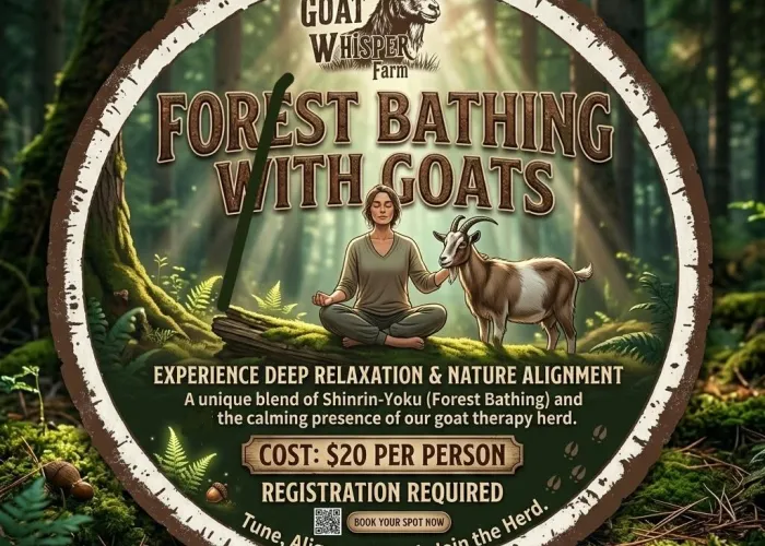 AI image, forest view, woman with goat meditating on log in forest, event details