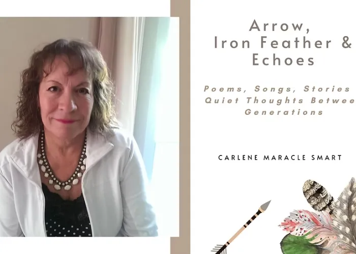 Photo of author Carlene Maracle Smart, image of cover of her book, on book cover is title, arrow, colourful feathers