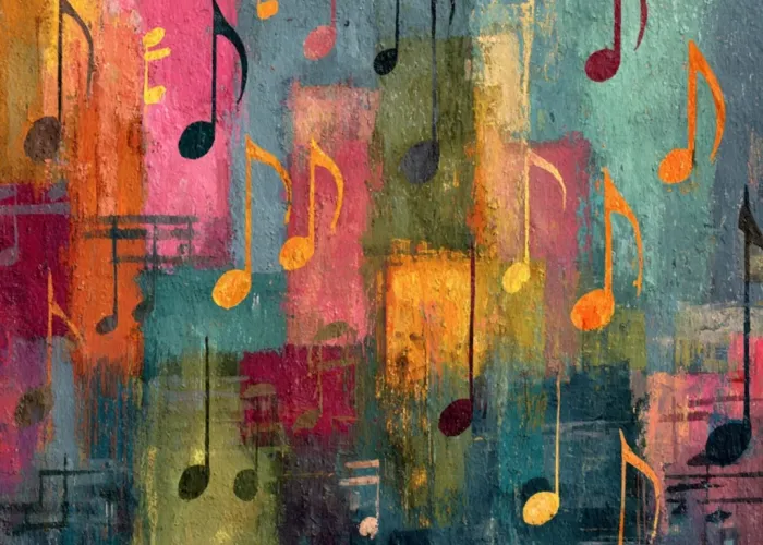 Colourful abstract background, colourful musical notes scattered about the image