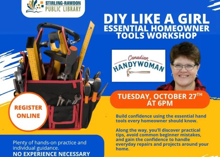 Blue background on top half, orange background on bottom half, photo of Tammy Watson, photo of took bag full of different tools, venue logo, event details