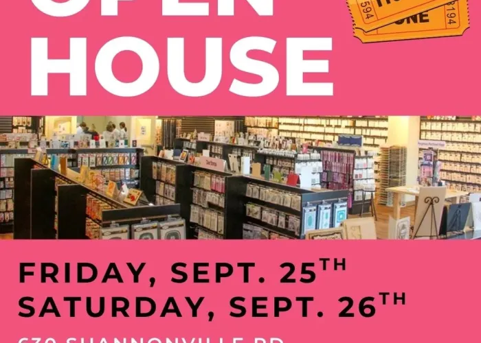 Two wide strips of pink in background on top and bottom, photo of store with craft items in several items in centre of page, two orange tickets in top right corner, event details on top and bottom