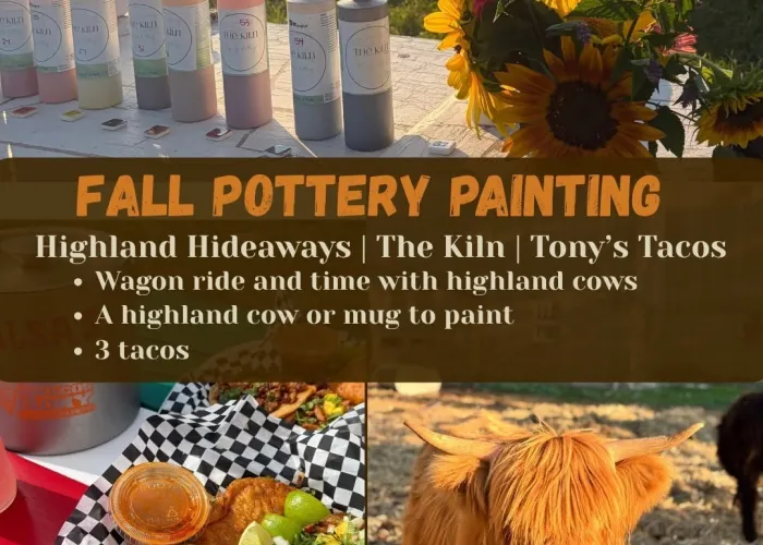 Photo at top of page of paint bottles and flowers in pumpkin on table outside, people sitting at tables in background, two photos at bottom of page, one of highland cow, the other of tacos on a plate, event details in centre