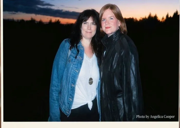 Photo of Megan Kendrick and Sarah van den Berg standing together outside, sunset in background, beige background above and below photos, quarter moon logo top left of page with lines coming off of it, event details