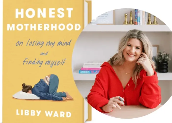 Circular photo of Libby Ward sitting at table, bookshelf in background, image of her book beside her photo, book has a yellow cover with a photo of a person with their face pushed into a pillow