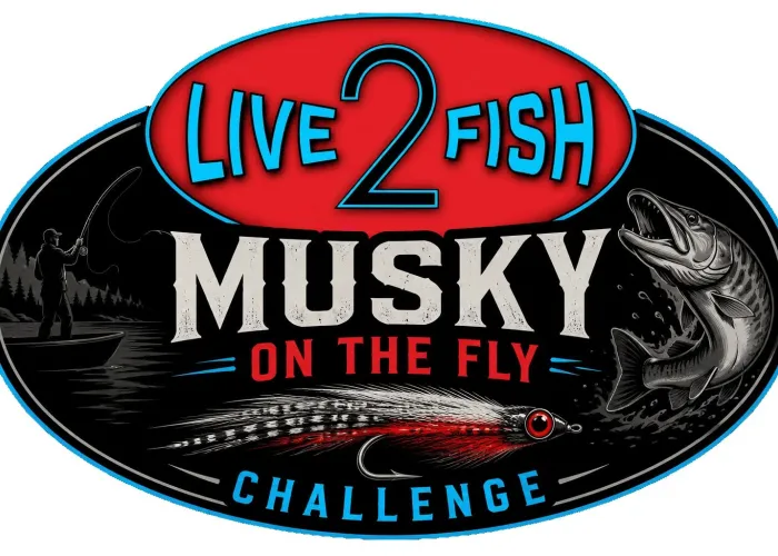 White background, horizontal oval, black and grey image of person standing in canoe fishing on left, muskie jumping out of water on right, lure and name of event in centre
