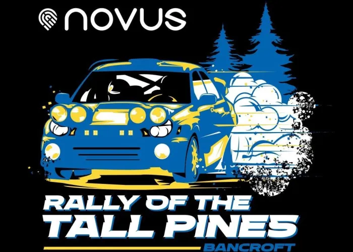 black background, blue and yellow car with white exhaust trailing behind, blue pine trees in background, sponsor, name of event, and location