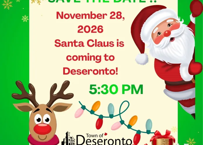 Green background, cartoon santa peaking out from right side of page, reindeer sitting at bottom left, garland and presents along bottom, ornaments strung along top, event details in centre atop a cream coloured background
