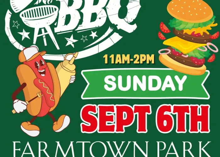green background, cartoon image of hot dog wearing a baseball cap holding mustard bottle, burger in air, venue and event details