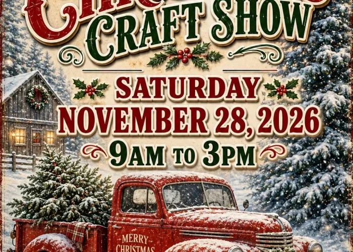 AI poster, christmas themed, snowy scene, old red truck with tree in back and garland with bow on front, lantern in front, large trees in background along with snowy cabin with wreath, event details