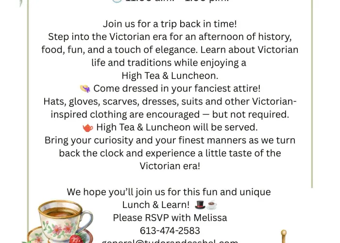 White background, black text with event details, top left corner has pink flowers and greenery, bottom of page has township logo, tea cup and saucer, victorian silhouettes of two people and a three tiered pastry holder
