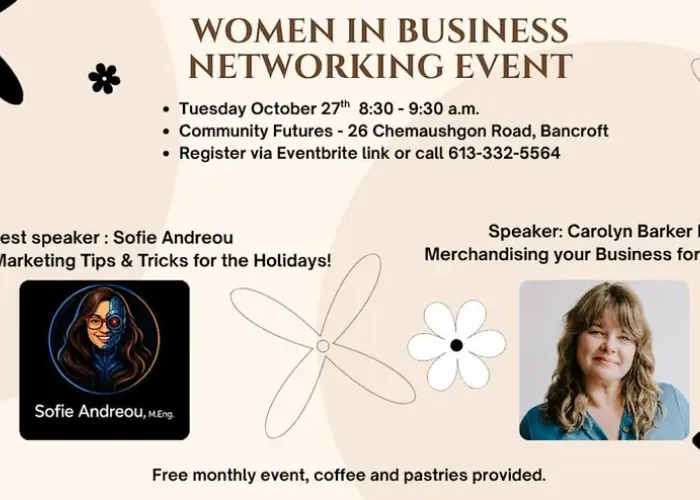 Cream background with two large dark circles, white and black flowers scattered across page, photo of speaker, logo of speaker, event details