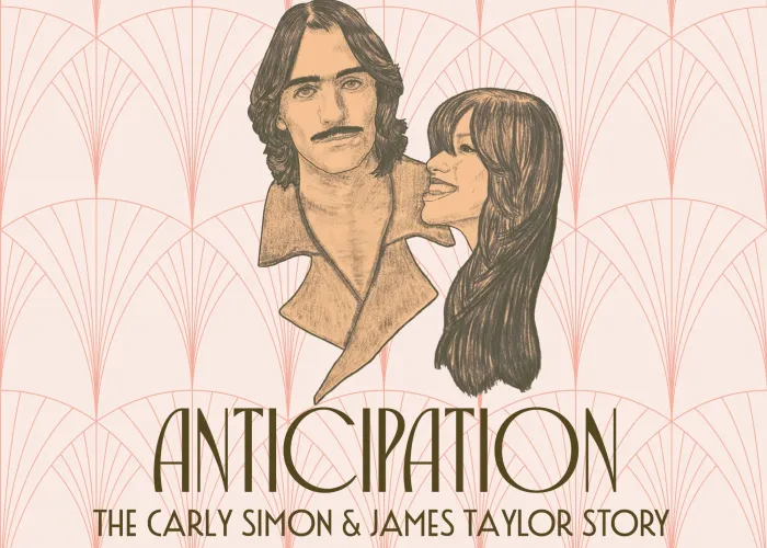 Pink and beige pattered background, drawn image of carly simon and james taylor's faces, event title at bottom