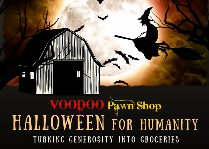 full moon in background, silhouettes of witch flying on broom, bats, tree branches, black and white image of barn, event details