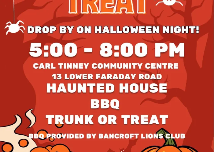 Multiple shades of red background, silhouettes of trees, cartoon spiders and webs, cauldron, bat, jack o lantern, event details