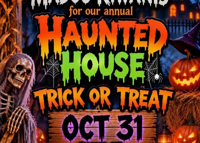 AI poster, halloween imagery skeleton, lantern, cob webs, bats in front of full moon beside large house, jack o lanterns, witch hat, colourful dripping letters with event details
