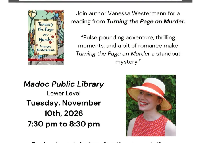 White background, photo of Vanessa Westermann, book cover, event details, library logo of tree