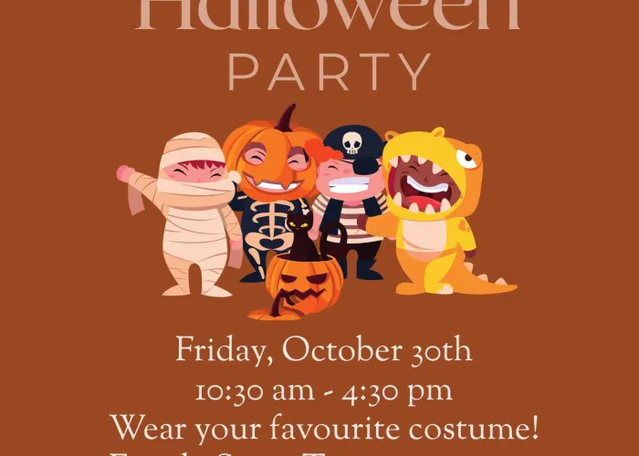 Brown background, cob webs in corners of page, four cartoon children dressed in costumes, mummy, skeleton, pirate, dinosaur, jack o lantern, event details in beige text